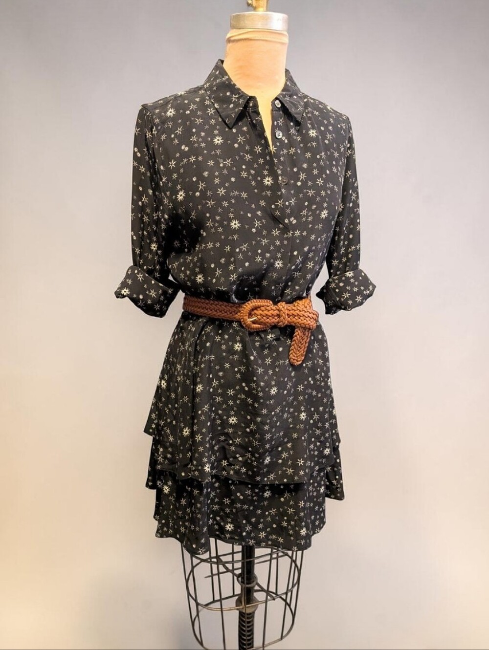 EQUIPMENT 100% Silk Celestial Print Mini Shirt Dress Tunic w. Ruffle  Skirt S/P
